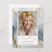 Invitation Mémorial bleu et or Photo funéraire Keepsaké Invi (Devant / Derrière)