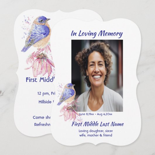 Invitation Mémorial, Célébration de la vie, Service Bluebird (Devant / Derrière)