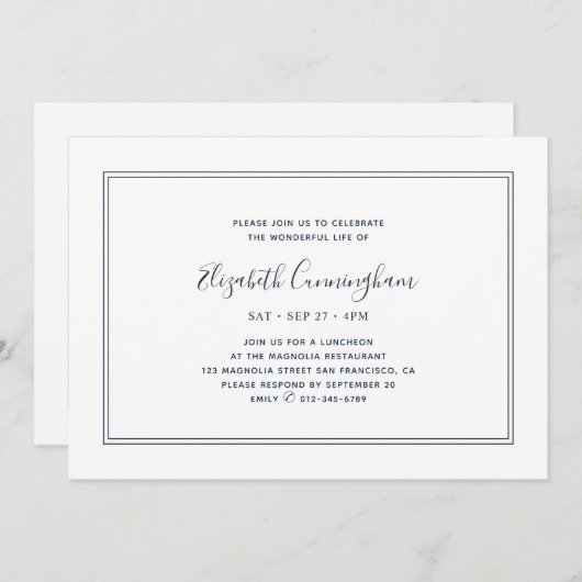 Invitation Memorial Classic Simple Chic Elegant Frame (Devant / Derrière)