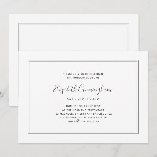 Invitation Memorial Classic Simple Chic Elegant Frame (Devant / Derrière)