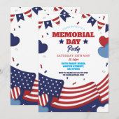 Invitation Memorial Day Party American Red White Blue Stars (Devant / Derrière)