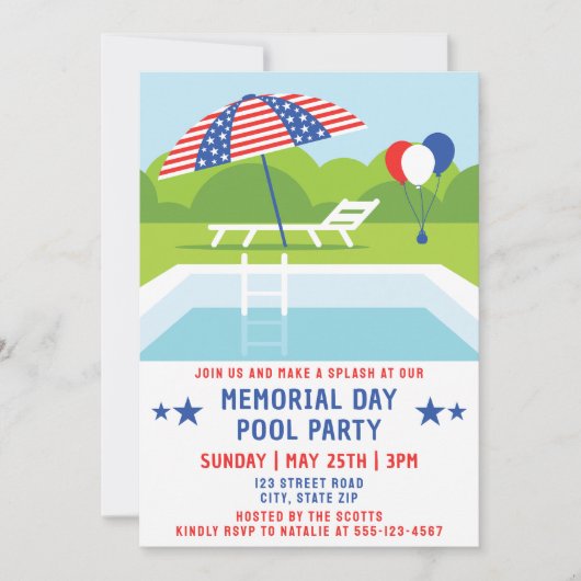 Invitation Memorial Day Pool Party Étoiles et rayures moderne (Devant)