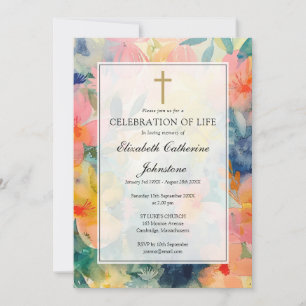 Invitation Mémorial funéraire chrétien floral coloré