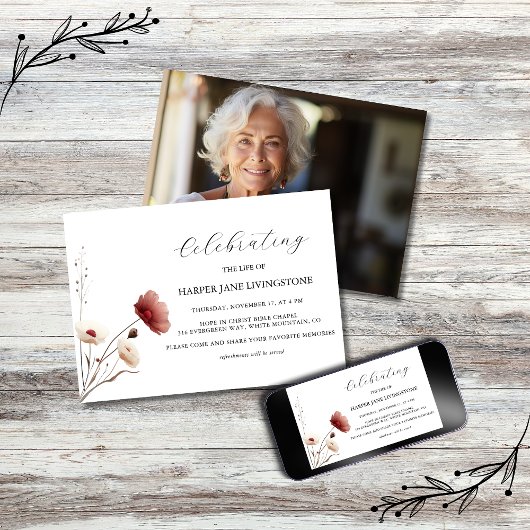 Invitation Mémorial funéraire rose et blanc de pavot