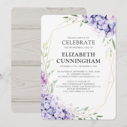 Invitation Mémorial géométrique floral de Hydrangea Lilac (Devant / Derrière)