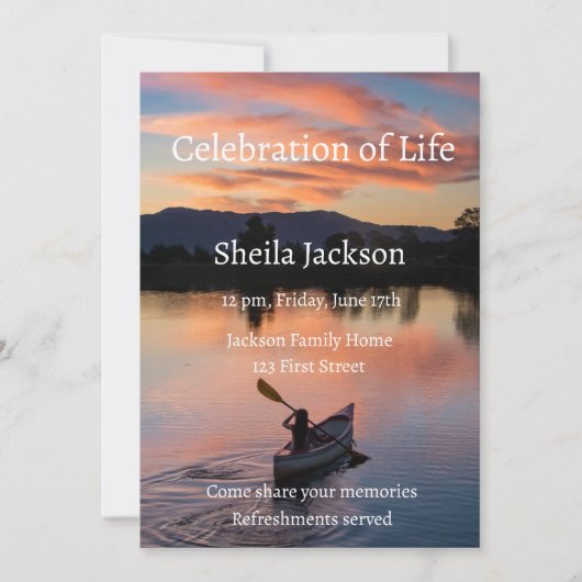 Invitation Memorial Photo Canoë canoë Paddle Lake Sunset (Devant)