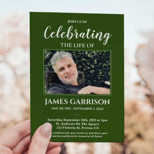 Invitation Mémorial photo Green White Celebration of Life