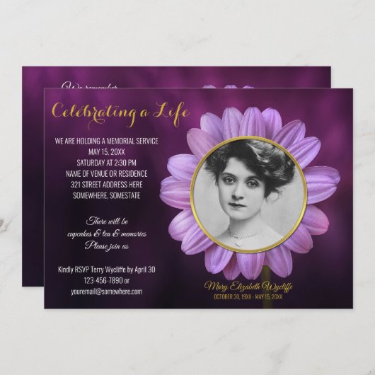 Invitation Mémorial Service Purple Daisy Gold Image (Devant / Derrière)