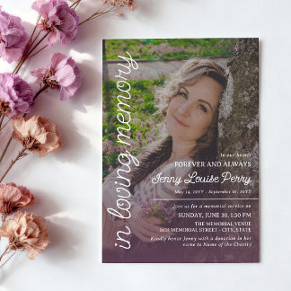Invitation Mémorial Violet Clair Grande Photo Texte Blanc