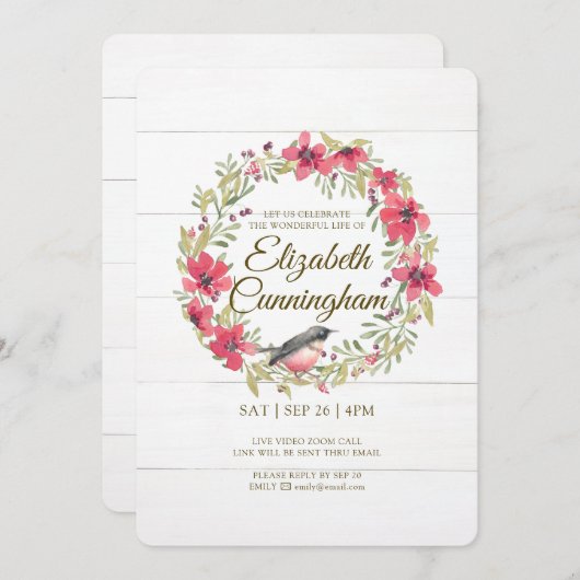 Invitation Mémorial virtuel des oiseaux de feuillage vert d'e (Devant / Derrière)