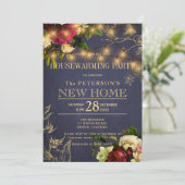 Invitation Ménage de l'or lumières hiver fleurie marine (Debout devant)