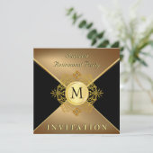 Invitation Mens Classy Black Gold Monogramme Occasion spécial (Debout devant)