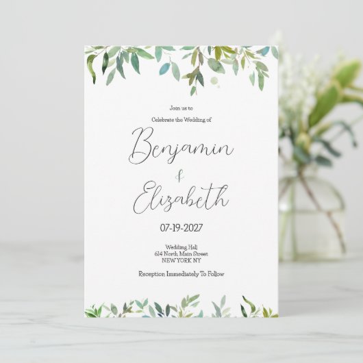 Invitation Menthe botanique vert foncé feuillage Mariage (Debout devant)