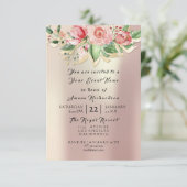 Invitation Menthe Rose Champaigne Or Aquarelle Florale Perle (Debout devant)