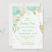 Invitation menthe vert blanc fleurs or fleurie d'anniversaire (Devant)