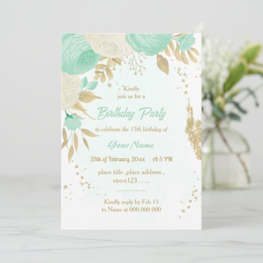 Invitation menthe vert blanc fleurs or fleurie d'anniversaire (Debout devant)