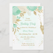 Invitation menthe vert blanc fleurs or fleurie d'anniversaire (Devant / Derrière)