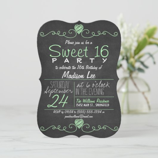 Invitation Menthe verte, tableau blanc Rustique Sweet 16 Part (Debout devant)