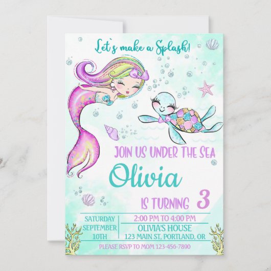Invitation Mention d'anniversaire de sirène et de tortue sous (Devant)