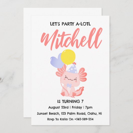 Invitation Mentions d'anniversaire axolotl d'anniversaire mig (Devant / Derrière)