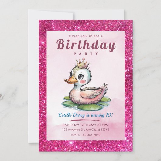 Invitation Mentions d'anniversaire de princesse canard mignon (Devant)