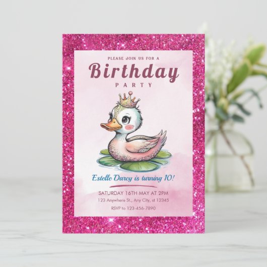 Invitation Mentions d'anniversaire de princesse canard mignon (Debout devant)