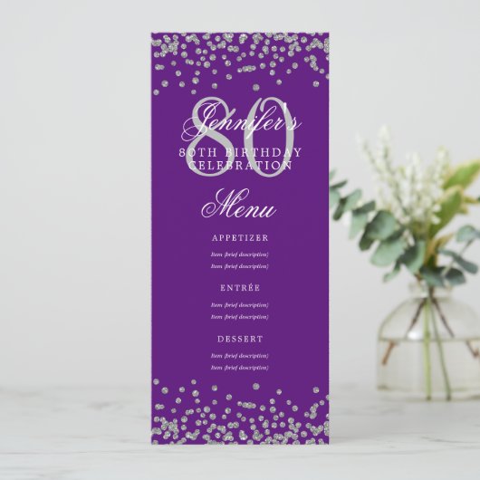 Invitation Menu 80e Anniversaire Confetti Argent violet (Debout devant)