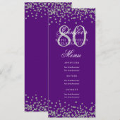 Invitation Menu 80e Anniversaire Confetti Argent violet (Devant / Derrière)