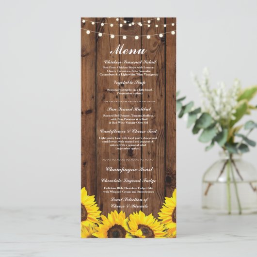 Invitation Menu Accueil Mariage Fleurs de soleil en bois rust (Debout devant)