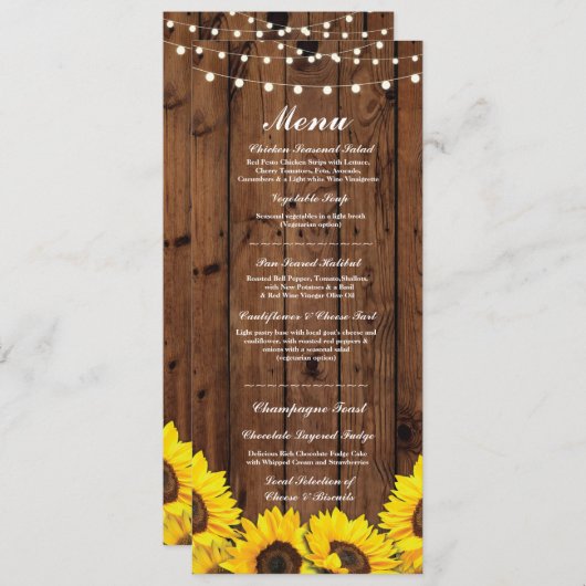 Invitation Menu Accueil Mariage Fleurs de soleil en bois rust (Devant / Derrière)