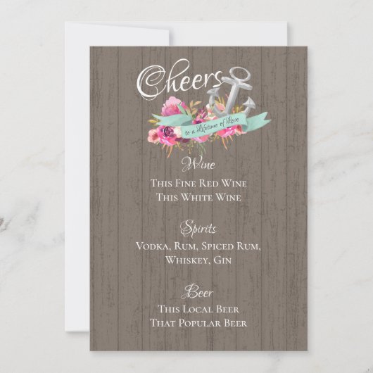 Invitation Menu Ancre barre florale marine (Devant)