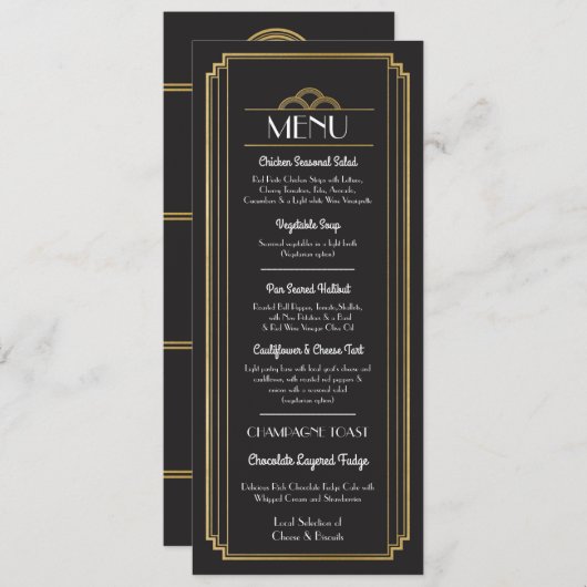 Invitation Menu Art Déco Gold Noir Mariage Réception (Devant / Derrière)