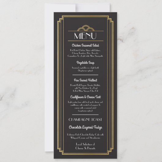 Invitation Menu Art Déco Or Noir Réception de Mariage (Devant)