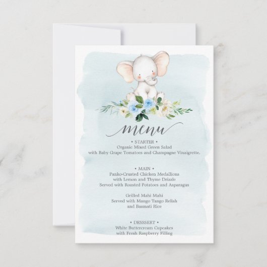 Invitation Menu Baby shower Blue Elephant (Devant)