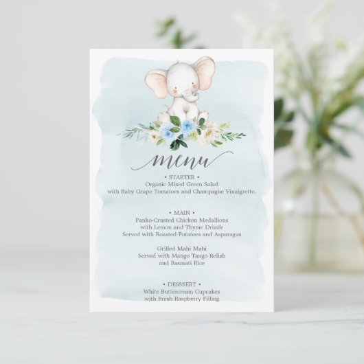 Invitation Menu Baby shower Blue Elephant (Debout devant)