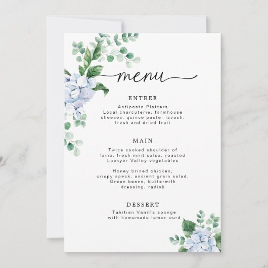 Invitation Menu Baby shower Floral Blue Hydrangea (Devant)