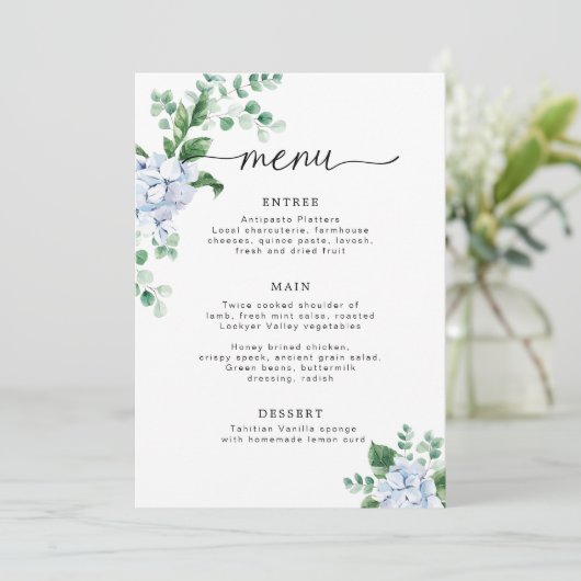 Invitation Menu Baby shower Floral Blue Hydrangea (Debout devant)