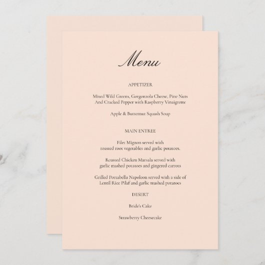 Invitation Menu Blush Pink Pastel (Devant / Derrière)