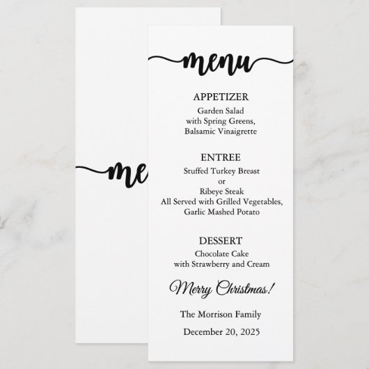 Invitation Menu Card, Christmas Menu, Dinner, Lunch (Devant / Derrière)