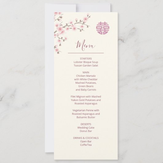 Invitation Menu chinois Mariage Dusty Rose Cherry Blossom (Devant)