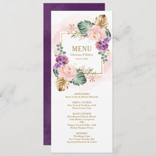 Invitation Menu classique Mariage floral flou violet Tropical (Devant / Derrière)
