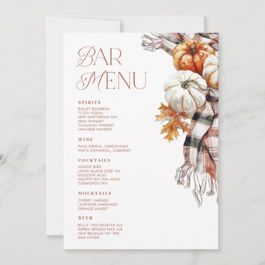Invitation Menu Confortable Rustique Automne 5x7 Bar Boisson (Devant)