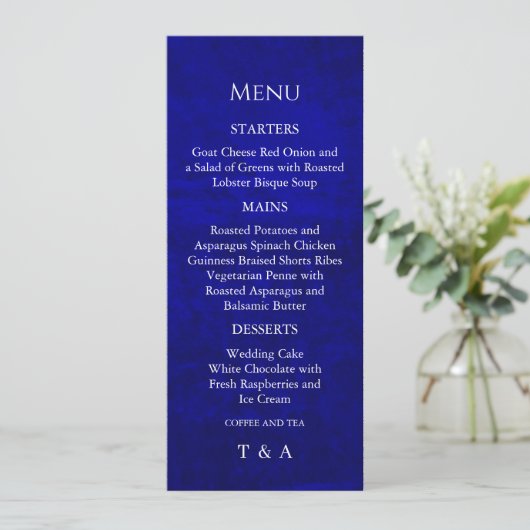 Invitation Menu Dark Moody Royal Blue avec Scratches (Debout devant)
