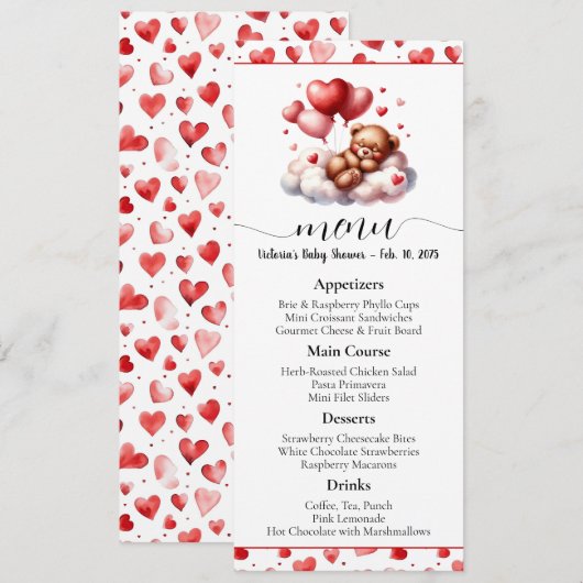 Invitation Menu de Baby Shower Ours de la Saint-Valentin (Devant / Derrière)