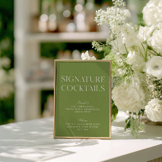 Invitation Menu de cocktails signature vert sauge et blanc