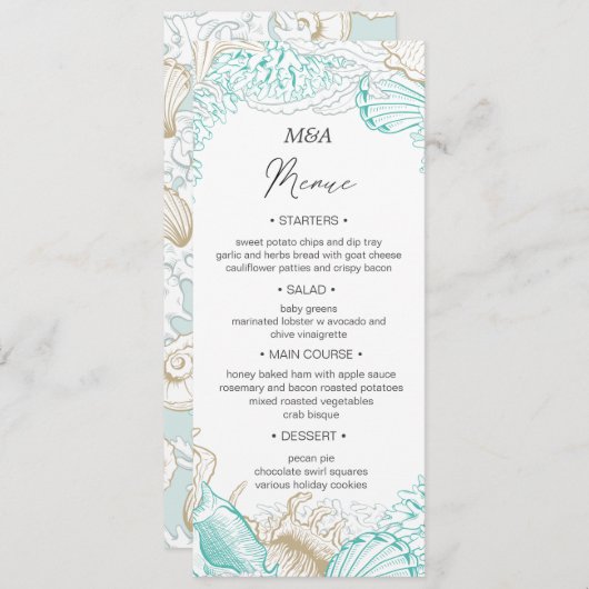Invitation Menu de dîner de mariage côtier turquoise (Devant / Derrière)