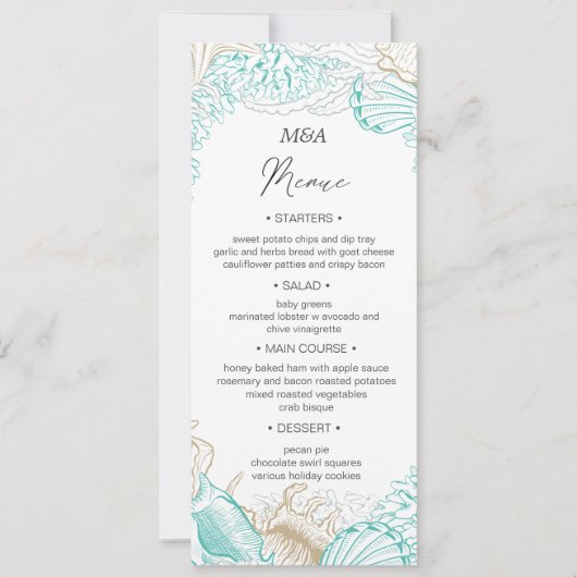Invitation Menu de dîner de mariage côtier turquoise (Devant)