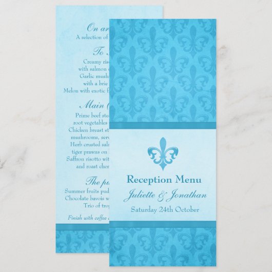 Invitation Menu de dîner de réception de mariage Blue Fleur D (Devant / Derrière)