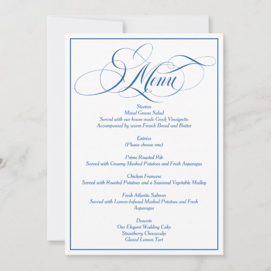 Invitation Menu de mariage à l'écriture élégante bleue (Devant)