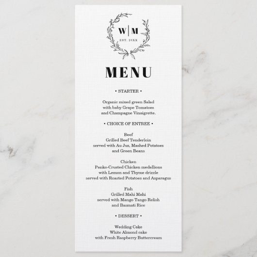 Invitation Menu de mariage à monogramme de couronne élégant (Devant)